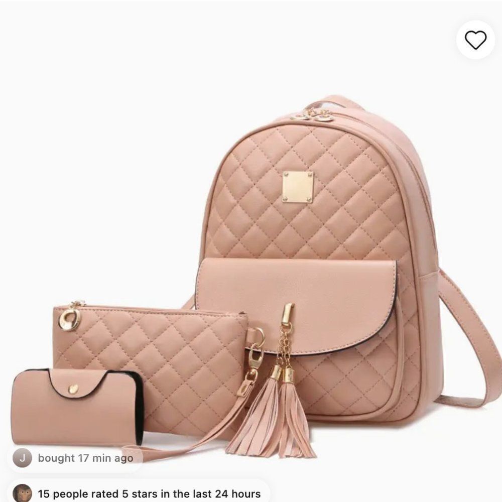 NEW 3-Pc PINK Argyle Quilted Backpack Set PU Leather School Bag & Clutch & Walle